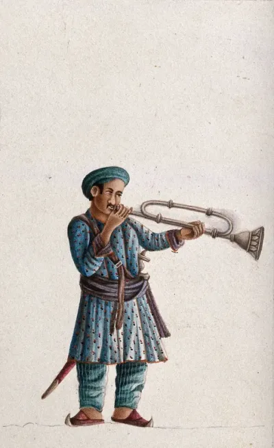 A musician playing an Indian bugle