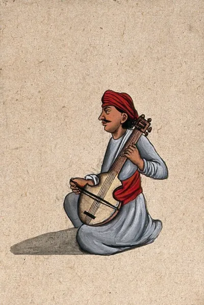 A musician playing an Indian stringed instrument, similar to the sarangi