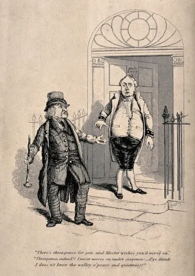 A musician playing the clarinet outside a town-house is given threepence by a footman and asked to move on, but the musician asks for more money