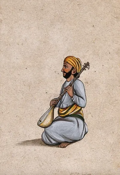 A musician playing the tampura (an Indian stringed instrument)