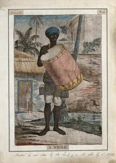 A musician with a d'hole, a drum played at one end with a stick, and at the other with the hand, Calcutta, West Bengal