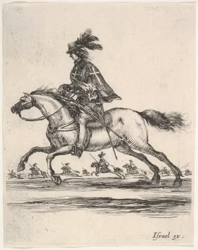 A musketeer galloping towards the left, other horsemen galloping towards the left in background, from "Various cavalry exercises" (Diverses exercices de cavalerie)
