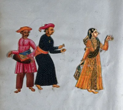 A Muslim dancing woman with two male musicians of south India