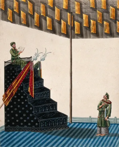 A Muslim listening to a preacher sitting on a pulpit