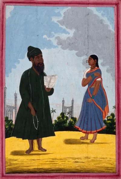 A Muslim priest and a woman, with mosques and minarets in the background