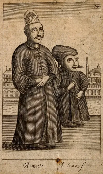 A mute man and a dwarf, with Turkish buildings in the background