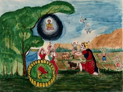 A mythological scene: a man kneels with folded hands as he sees a vision of a boy with a halo around his head, as other people look on in amazement
