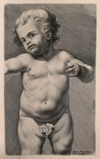 A naked child. Engraving by J.D. Herz after himself, c. 1732