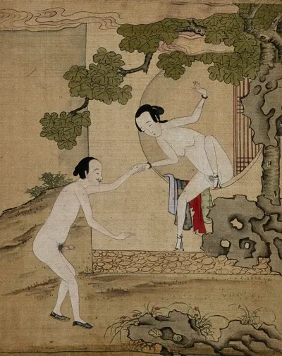 A naked Chinese man guides a naked woman out of a window