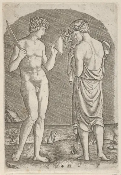 A naked man at left showing an axe to a woman at right