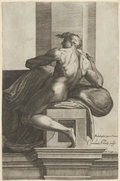 A naked man (Ignudo), seated and facing left, after Michelangelo's 'The Last Judgment' fresco in the Sistine Chapel