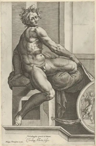 A naked man (Ignudo), twisting towards the right, holding drapery, after Michelangelo's 'The Last Judgment' fresco in the Sistine Chapel
