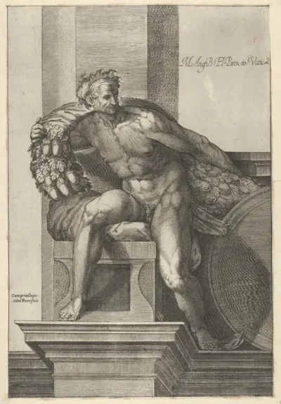 A naked man (Ignudo) with a garland with acorns over his shoulders, after Michelangelo's 'The Last Judgment' fresco in the Sistine Chapel