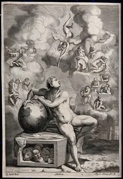 A naked man is sitting on a box containing masks and leans on a globe, above him a winged figure blowing the trumpet is surrounded by sleeping, fighting, copulating, masturbating and hard working figures; representing a dream
