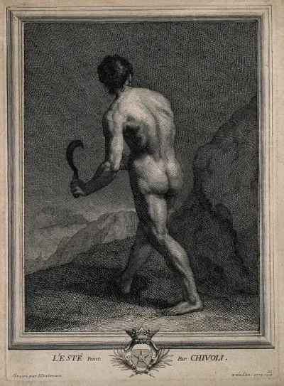 A naked man walks through a rocky landscape with a scythe; representing summer