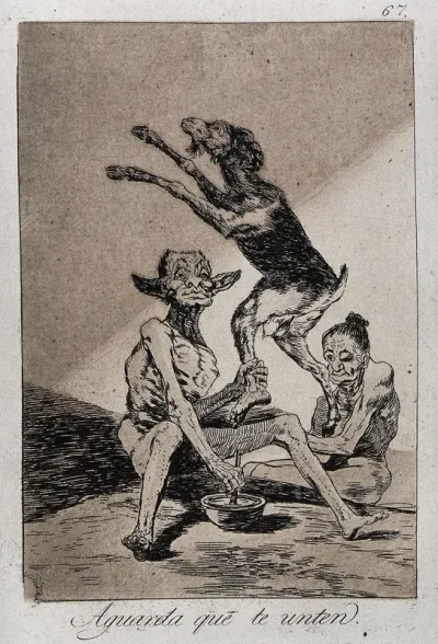 A naked witch watching a seated monster grabbing a jumping goat by its hind leg
