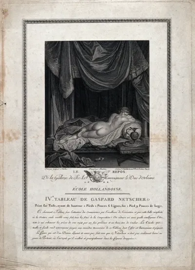 A naked woman reclining on a bed