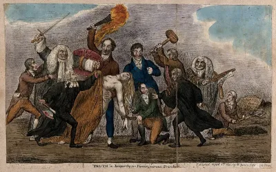 A naked woman representing Truth is defended by Lord Holland against attack by politicians abusing a government privilege in libel cases