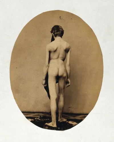 A naked young man, viewed from the back in full length