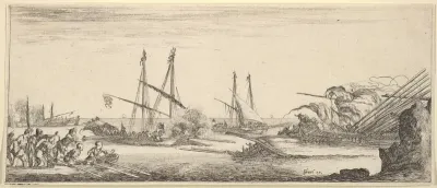 A naval battle, a rowboat full of men to left, a sinking ship to right, two galleys battling in center, other ships battle to left in the background, from "Various Landscapes" (Divers Paysages)