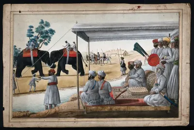 A Nawab and his guest watching an elephant fight