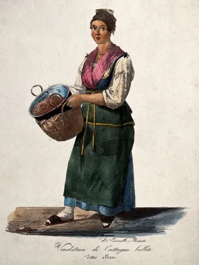 A Neapolitan woman has a cauldron of hot chestnuts in a basket to sell