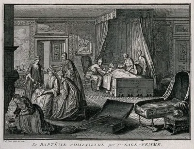 A new-born baby being baptised by a midwife in the mother's bedroom