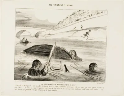 A New Way to Float Down the River of Life. - Radiguet you rascal, to hell with you, your boat and your new invention.... it is your fault that the entire outing went down the drain. - Come, come now.... no reason to scream hell. I am just angry about