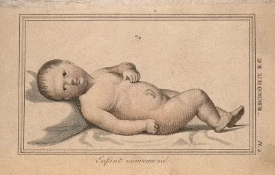 A newborn baby, lying on its back