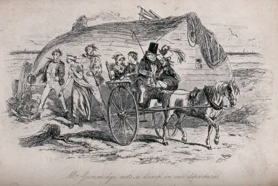 A newly-wed couple (Barkis and Clara Peggotty) set off in a cart from the beach, accompanied by David Copperfield and Emily: Mr Peggotty tries to persuade Mrs Gummidge to throw a shoe after them