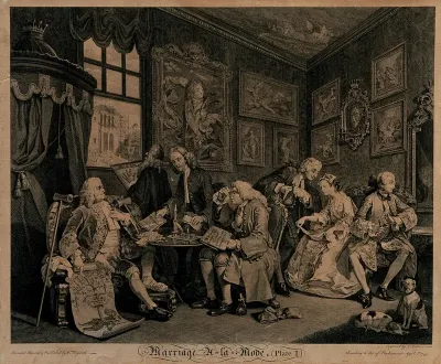 A nobleman and an alderman sit at a table neggotiating a marriage settlement between the son of the former and the daughter of the latter