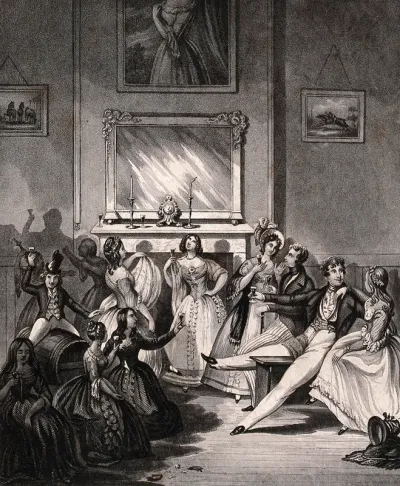 A nobleman and his friends drink with prostitutes in a brothel