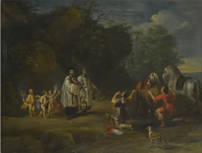 A nobleman and his servant dismount to honour the blessed sacrament.