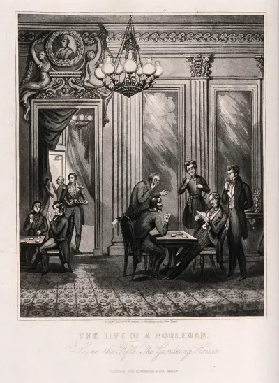 A nobleman losing money playing cards in a grandly-appointed gaming house
