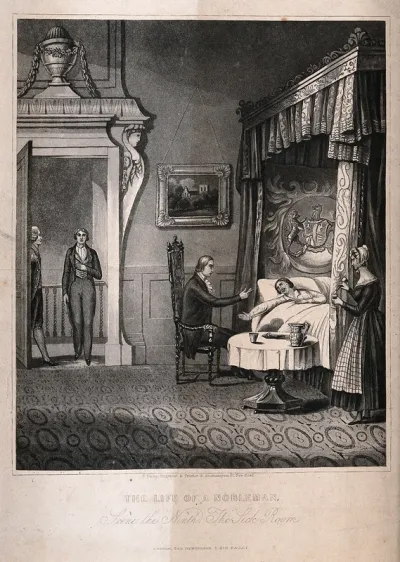 A nobleman lying ill in a four poster bed converses with another man as a maid pours him a drink