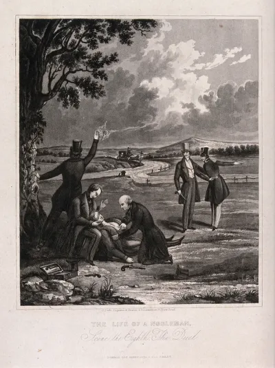 A nobleman shoots his opponent in a duel with pistols