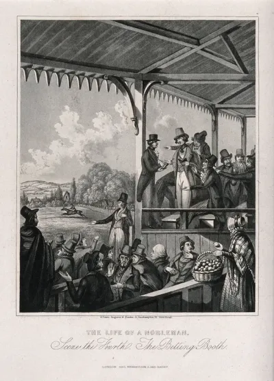 A nobleman surrounded by bookmakers places bets at a horse-race