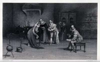 A noblewoman and two noblemen examining some gold produced by an alchemist