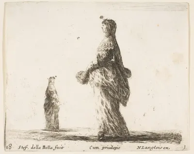 A noblewoman walking towards the left with a feathered fan, another woman in background to left, plate 18 from "Diversi capricci"