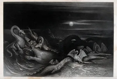 A nocturnal scene with saurians and sea-creatures fighting each other in the water