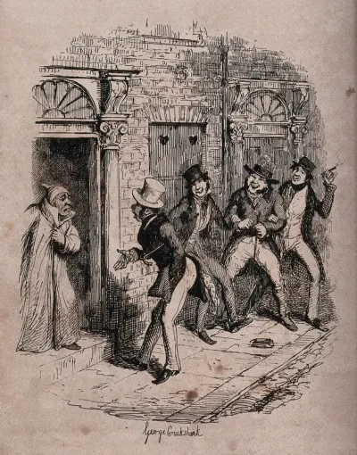 A noisy tenant and three of his friends, having stayed up singing until the early hours of the morning, go to the house of an elderly neighbour and disturb his sleep to ask him for glass of water and the loan of a shilling for a cab