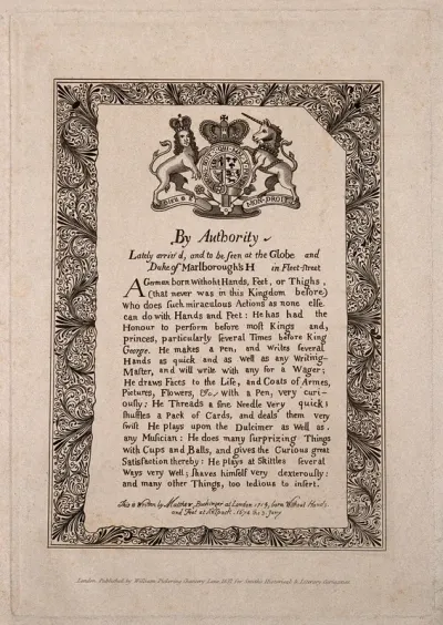 A notice advertising himself by Matthias Buchinger, a phocomelic man