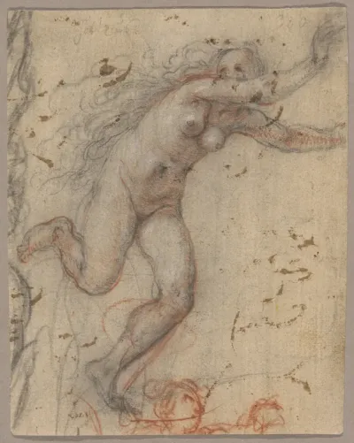 A Nude Female Figure Fleeing to the Right with Arms Outstretched, with Sketch of a Bust of Secondary Figure (recto); A Sketch of a Nude, Kneeling Female Figure, Supported by Another Standing (verso)