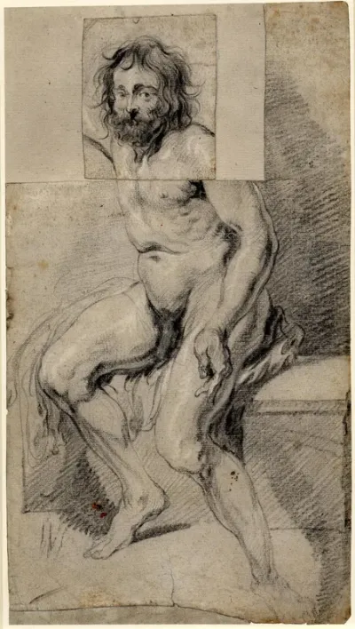 A nude male with wavy hair and a beard