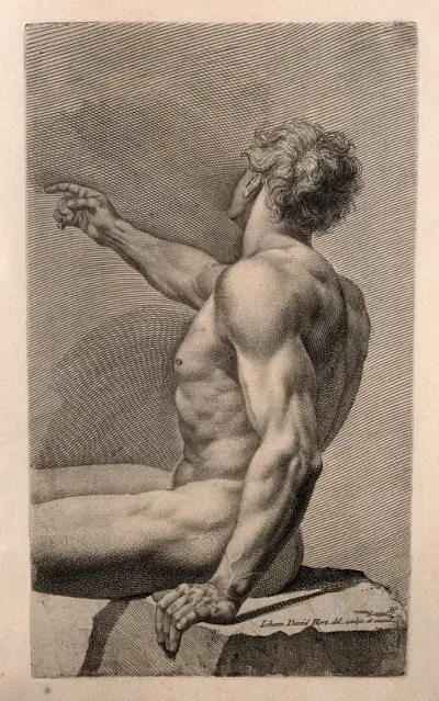 A nude man, sitting and pointing