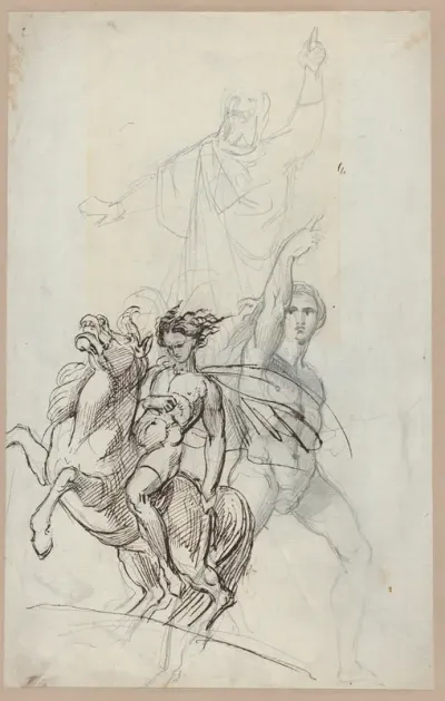 A nude youth on horseback, a male nude with raised arm, and a cloaked bearded man (recto). A sleeping girl and a man in medieval dress (verso)