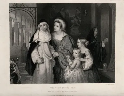 A nun being visited in the monastery by female relatives