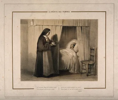 A nun brings some refreshment to a feverish patient, with a poem by Legouvé