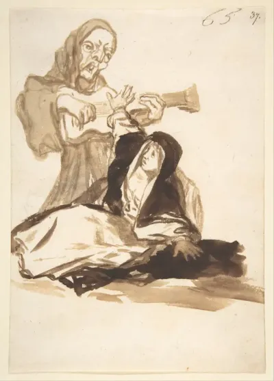 A nun frightened by a ghost playing a guitar; page 65 from the "Images of Spain" Album (F) — Goya (Francisco de Goya y Lucientes) Kanvas Tablo