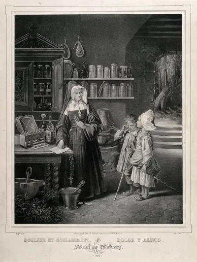 A nun with two children in a convent pharmacy, surrounded attributes of the trade